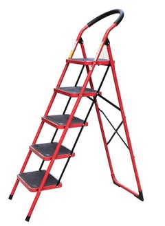 اشتري Hawk King 5 Step House Steel Ladder Multi-Function Staircase Red Color With Wide Pedal Step Stool في الامارات