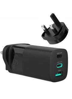 اشتري 65W GaN Charger 3 Ports USB C Plug Type C PD QC 3.0 Fast Wall Mains Power Delivery Adapter For Laptops, MacBook Pro Air, iPad, iPhone 14,Samsung, Huawei - Black في الامارات