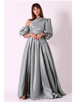 Buy Evening Dress Of Taffeta Material, Shanton, With A Wrap Sleeve, One Puffed, Decorated With Pleats From The Bottom, With A Slit From Above The Knee, A Wide Cut in Saudi Arabia