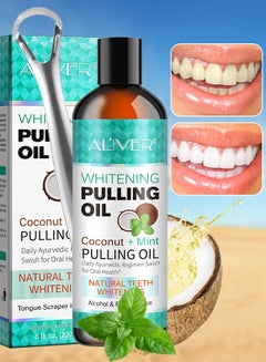 Buy 237 ml Coconut Oil Pulling Mouthwash with Coconut and Peppermint Oil Ayurvedic Mouthwash for Fresh Breath Teeth Whitening Mint Pulling Mouthwash Natural Essential Oil Mouthwash with Tongue Scraper in UAE