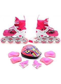 اشتري Inline Skates Adjustable Size Roller Skates with Flashing Wheels for Outdoor Indoor Children Skate Shoes Including Full Protective Gear Set Pink Colour في الامارات