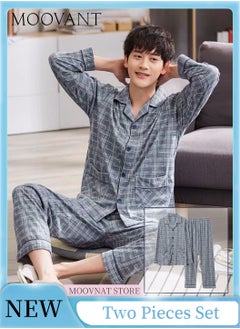 Buy 2-Piece Pajamas Set, Unisex Casual Pure Cotton Long Sleeve Pants Suit Sleepwear, Fashion Plaid Home Wear Clothes, Loungewear, Grey in Saudi Arabia