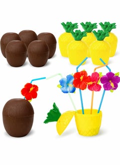 Buy Pineapple Coconut Cups, Tropical Hawaiian Flavor Cups with Lids and Straws for Party Carnival Celebrations Birthday Hawaiian parties（12Pcs） in Saudi Arabia