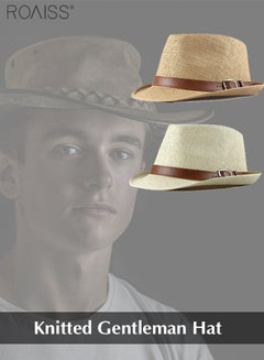 اشتري 2-Piece Straw Woven Gentlemen's Hat Pu Leather Decorative Sunshade Retro Jazz Hat Summer Comfortable And Breathable Fashion Hat في الامارات