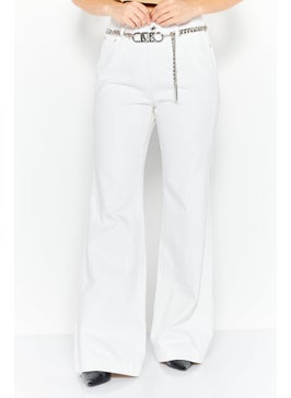 اشتري Women Regular Fit Belted Plain Non Stretchable Jeans, Off White في الامارات