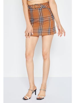 Buy Women Textured Casual Mini Belted Skirts, Brown Combo in UAE