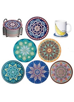 Buy 6 Pcs Mandala Drink Coaster Set With Holder, Absorbent Ceramic Coasters With Cork Base, Prevent Furniture From Dirty And Scratched, Suitable for All Drinking Cups and Mugs in UAE