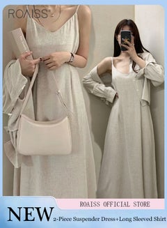 Buy 2-Piece Dress Shirt Set V-Neck Casual Thin Shoulder Strap Dress+Button Open Long Sleeved Lapel Shirt in UAE