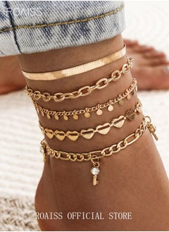 Buy 5pcs Heart Decor Anklet Adjustable Boho Foot Chain Diamond Fashion Bracelets Jewelry for Women and Girls Gold in UAE