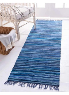 Buy Chindi Cotton Collection Soft Hand Woven Natural Fiber Striped Area Rug 2 Ft 2 In X 6 Ft 7 In Navy Blue Ivory in UAE