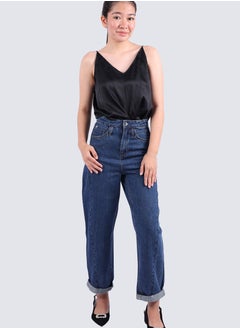 Buy Women's Wide Leg Folded Ancle Denim Jeans in Blue in UAE