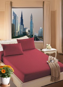 اشتري Maroon Cotton King Striped Fitted Elastic Pack of 3 Bedsheet 200x200+20cm في الامارات