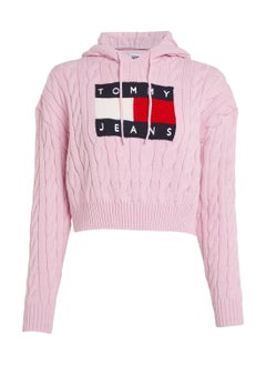 Buy Women's Cropped Cable Knit Flag Badge Hoody Sweater, Pink in UAE