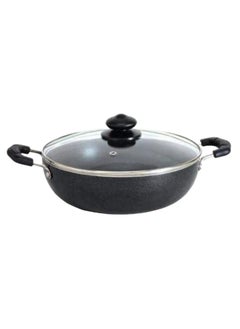 Buy Non-Stick Kadai Flat Bottom With Glass Lid 3 Layer Coating 3mm thick, 24cm in UAE