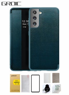 Buy For Samsung Galaxy S23 Plus 5g 6.6 Inch Phone Case with Toughened Film, Leather Case with  Window, Magnetic Flip Cover, Half Window Stand Phone Shell Green in UAE