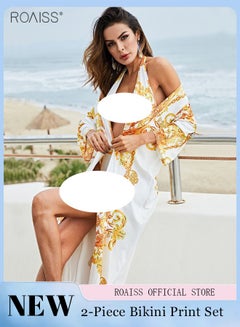 Buy 2 Piece Women's Printed Swimsuit One Piece Swimsuit Long Sleeve Sunscreen Cardigan in UAE