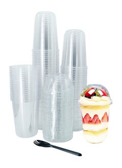 Buy 50-Pack Disposable Clear Plastic Cups with Dome Lids and Sporks, Crystal Pet Dessert Parfait Cup for Iced Coffee Cold Drinks, Smoothie, Bubble Boba Tea, Juice, Parfait in UAE