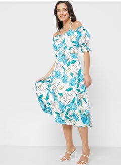 Buy Cold Shoulder Neck Printed Dress in UAE