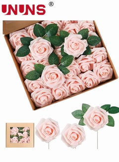 Buy 25-Piece Artificial Flowers Roses,Champagne Powder Fake Roses For DIY Wedding Bouquets Party Home Decor,Foam Artificial Roses With Stems And Leaves,Wedding Gift in UAE