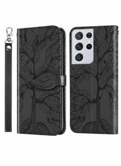 اشتري Wallet Case for Samsung Galaxy S21 Ultra, Embossed Tree Premium PU Leather [Folio Flip][Kickstand][Card Slots][Wrist Strap][6.8 inches] Cover for Samsung S21 Ultra, Shockproof PC & TPU Bumper (Black) في الامارات