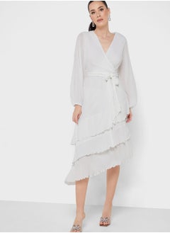 Buy Surplice Neck Tie Ruffle Dress in UAE