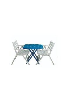 Buy Momentum Set Of 1 Foldable Wooden Blue Table
 Printed Top And 2 Foldable White Chairs With Arms in Egypt