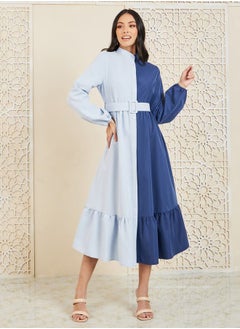 Buy Colorblock High Neck Belted Shirt Midi Dress in Saudi Arabia