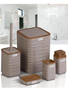 Buy Luna square 5 pcs bathroom set (soap dish soap dispenser trash can toilet brush & holder toothbrush holder) wooden lid (beige) in Egypt