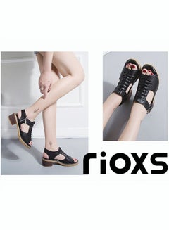 Buy Women's Fashion Leather Sandals Summer Flat Sandals Hollow Block Heel Roman Shoes With Side Zipper in UAE