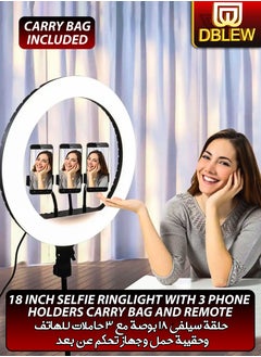 Buy 18 inch Dimmable Circle LED Studio Selfie Ring Light With 90Inch Tripod Stand Remote And 3 Mobile Phone Holders For Makeup Camera Photography YouTube Video Shoot TikTok Vlog Live Stream With Carry Bag in UAE