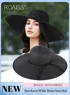Buy Boho Wide Brim Hat Rope Decor Sun Protection Vacation Fashion Straw Hat for Women Summer Beach Foldable Cap Black in UAE