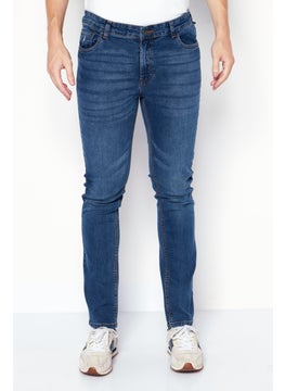 Buy Men Straight Fit Washed Stretchable Jeans, Navy in UAE