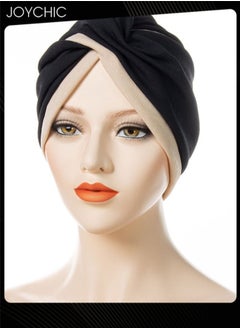 اشتري Muslim Hijab Instant Hijab for Women Two-color Stitching Forehead Cross Turban Islamic  Fashion Cotton Head Cover for Ladies and Girls Black+Beige في السعودية