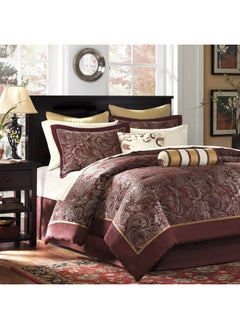 Buy Aubrey Cozy Comforter Set Faux Silk Jacquard Paisley Design All Season Down Alternative Bedding Layer With Bedskirt Decorative Pillow King Red 12 Piece in UAE