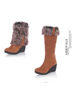 Buy Women's Fluffy Furry Knee High Boots, Winter Warm Wedge Long Boots, Thermal Pull On Suedette Boots in Saudi Arabia