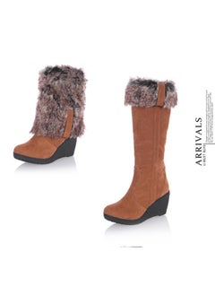 Buy Women's Fluffy Furry Knee High Boots, Winter Warm Wedge Long Boots, Thermal Pull On Suedette Boots in UAE