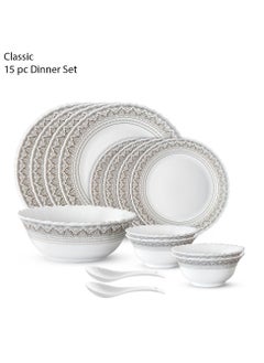 Buy 15 Piece Opalware Dinner Set | Microwave & Dishwasher Safe-Classic Dinnerware Set With 4 Piece Dinner Plates, 4 Pcs Side Plates, 1 Pcs Serving Bowls, 4 Pcs Veg Bowls, 2 Pcs Spoons | Chip & Scratch Resistant, White in Saudi Arabia