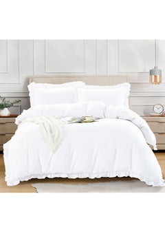 Buy Duvet Set 4-Pcs Double Size Ruffled Super Soft Solid Comforter Cover Without Filler, Withe hidden Zipper Closure and Corner Ties,White in Saudi Arabia