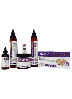 Buy Faster Garlic hair set, consisting of shampoo, conditioner, cream bath serum, and a pack of 5 ampoules for hair loss treatment in Egypt