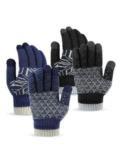 اشتري 2 Pairs Winter Gloves Men Women, Wool Knitted Thermal Warm Gloves Anti-Slip Touch Screen Gloves for Cycling Running Climbing Hiking Outdoor Work Sports, Black and Blue في السعودية