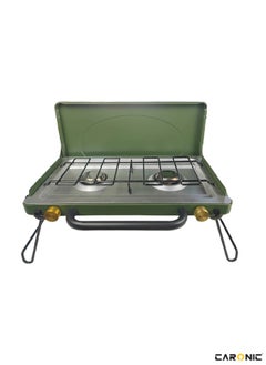 اشتري Portable Camping Gas Stove Double Burner Outdoor Automatic Ignition System Enamel Pan Support Green في الامارات