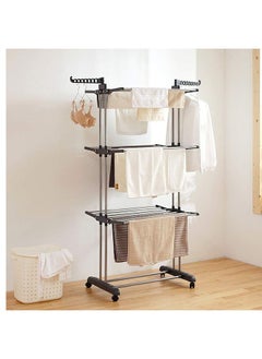 Buy Clothes Drying Rack Folding Clothes Rail 3 Tier Clothes Horses Rack Stainless Steel Laundry Garment Dryer Stand with Two Side Wings in Saudi Arabia