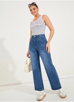 Buy Solid Wide Leg Full Length Jeans in Saudi Arabia