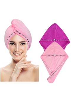 Buy 2 Pack Hair Drying Towels, Microfiber Dry Cap Absorbent Fast Turbans With Elastic Loop and Button, Hair Towel Wrap Quick Dry for Women's Wet Hair (Pink, Rose Red) in UAE