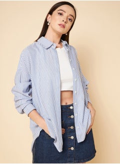 اشتري High Star Oversized Blue Striped Cotton Casual Shirt في الامارات