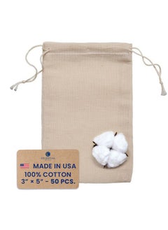 Buy Muslin Bags Drawstring Bags Small 50Pcs 3X5 Reusable Tea Bags Jewelry Gift Spice And Cotton Gift Sachet Bags 100% Cotton Made In Usa (Natural Hem & Drawstring) in Saudi Arabia