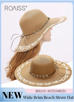 Buy Braided Trim Wide Brim Hat Shell Decor Sun Protection Vacation Fashion Straw Hat for Women Summer Beach Foldable Cap Khaki in UAE