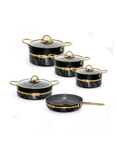 Buy Perfectly Designed Aluminum Cookware Pots and Pans Set of 9 Pieces, Black/Gold in Saudi Arabia