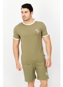 اشتري Men 2 Piece Brand Logo Short Sleeve T-Shirt And Drawstring Short Set, Olive/White في الامارات