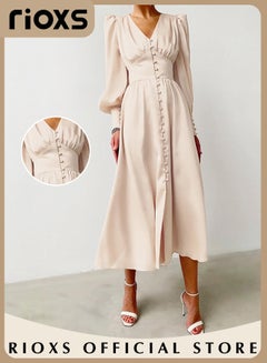 Buy Women's Fashion Satin Dress Lantern Sleeve V-neck Maxi Dress High Waist Bodycon Casual Solid Dress in Saudi Arabia